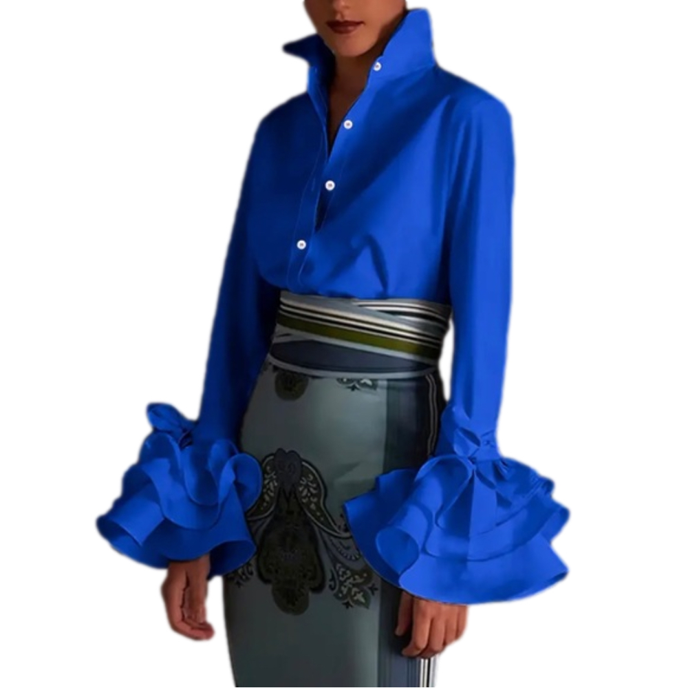 Dark Blue Elegant Layered Ruffle Sleeve Button Up Turn Down Collar Top
